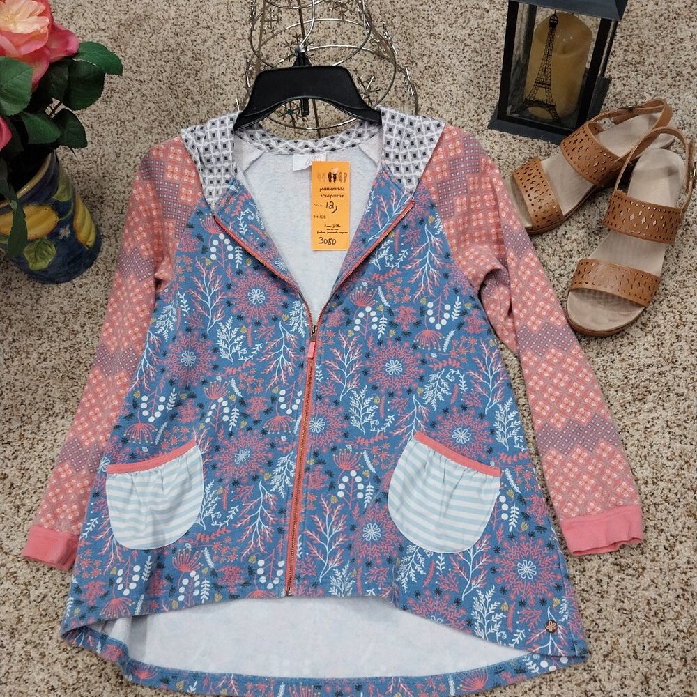 3080 Size child’s 12 Matilda Jane Zip Up Hooded Jacket in Pink and Blue Prints.